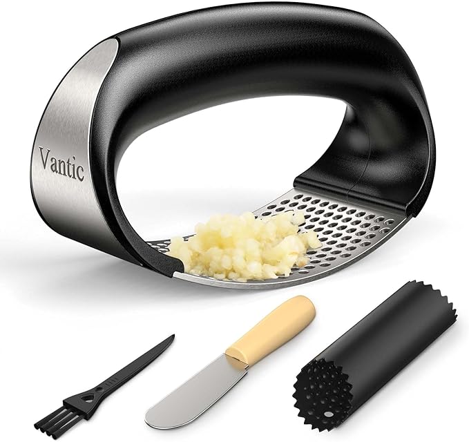 Vantic Garlic Press Rocker - Stainless Steel Garlic Crusher, Mincer and Chopper with Peeler & Scraper, Easy Kitchen Gadget for Effortless Smashing