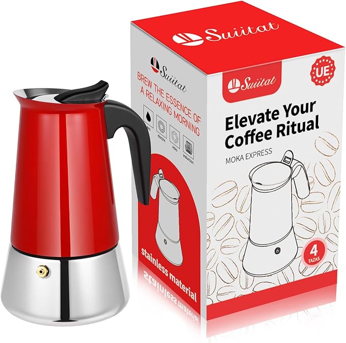 Moka Pot, 4 Cups (7.1 oz) Stovetop Espresso Maker, 304 Stainless Steel Moka Pot, Induction Compatible, Red
