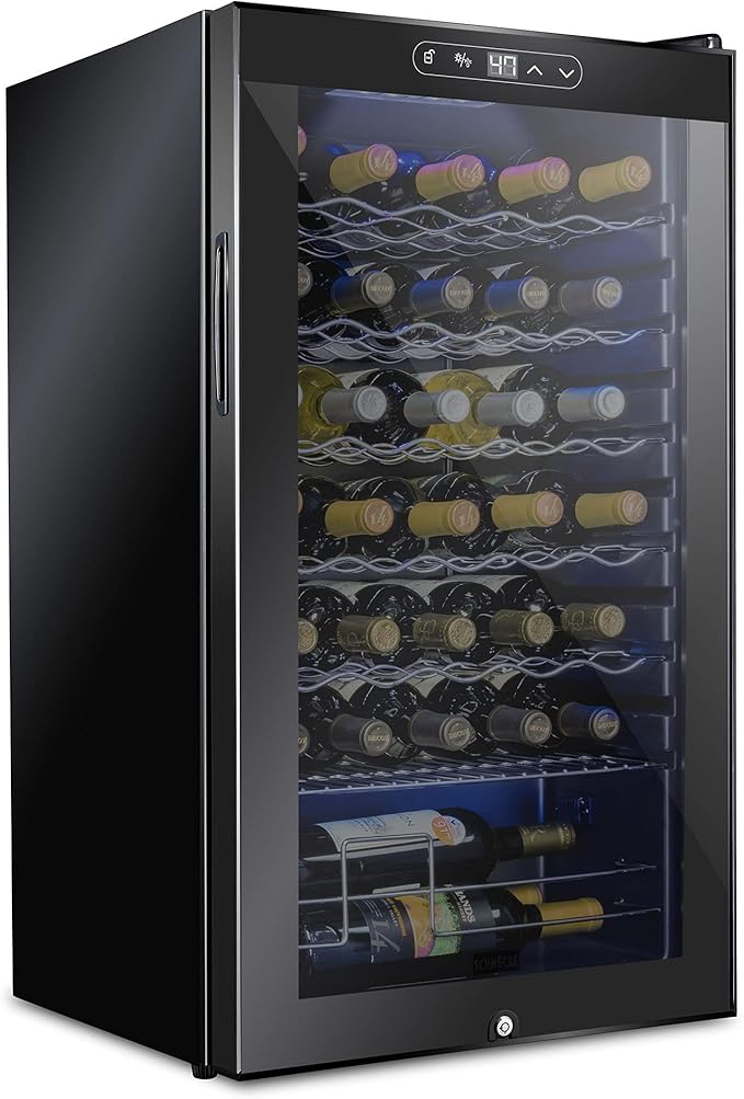 Schmecke 34 Bottle Compressor Wine Cooler Refrigerator w/Lock | Large Freestanding Wine Cellar | 41f-64f Digital Temperature Control Wine Fridge For Red, White, Champagne or Sparkling Wine - Black