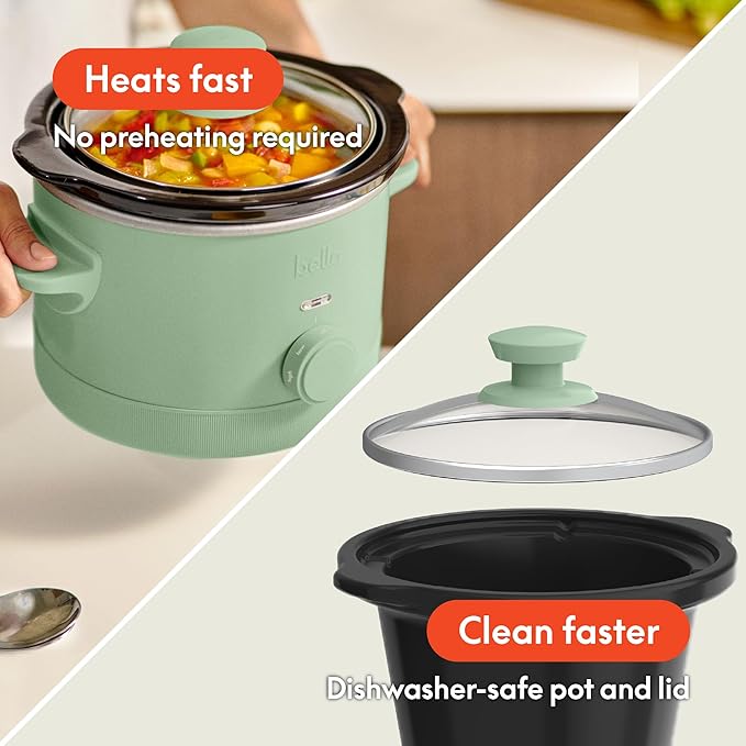 bella 1.5 Qt Slow Cooker with 3 Heat Manual Control, Ceramic Nonstick Coating, Dishwasher Safe Stoneware Pot and Tempered Glass Lid, Tangle Free Cord Wrap & Cool Touch Handles, Seaglass