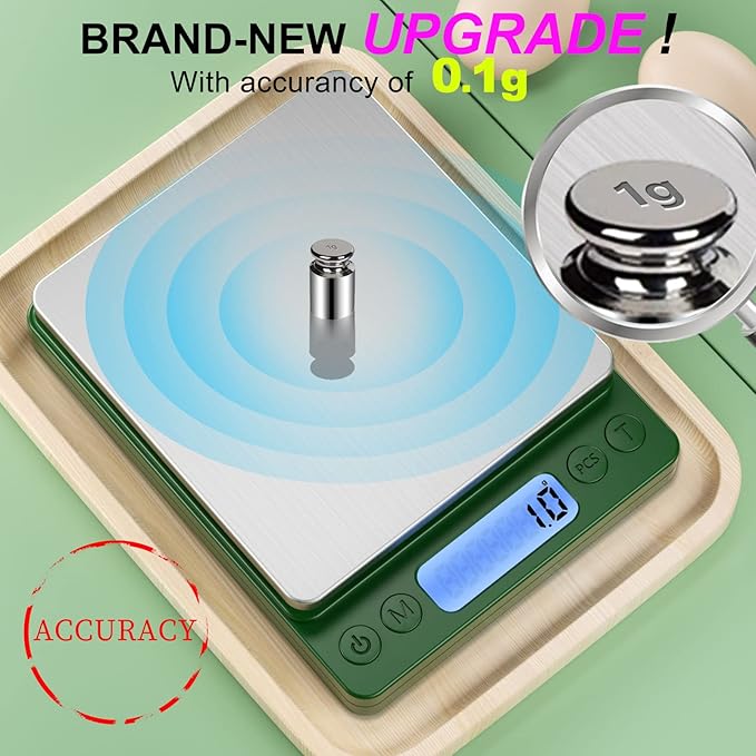 Digital Food Scale for Food Ounces and Grams，YONCON 3000g/0.1gram Accuracy Multifunctional Kitchen Scale for Cooking, Baking | Small Size for Easy Storage | Tare Function