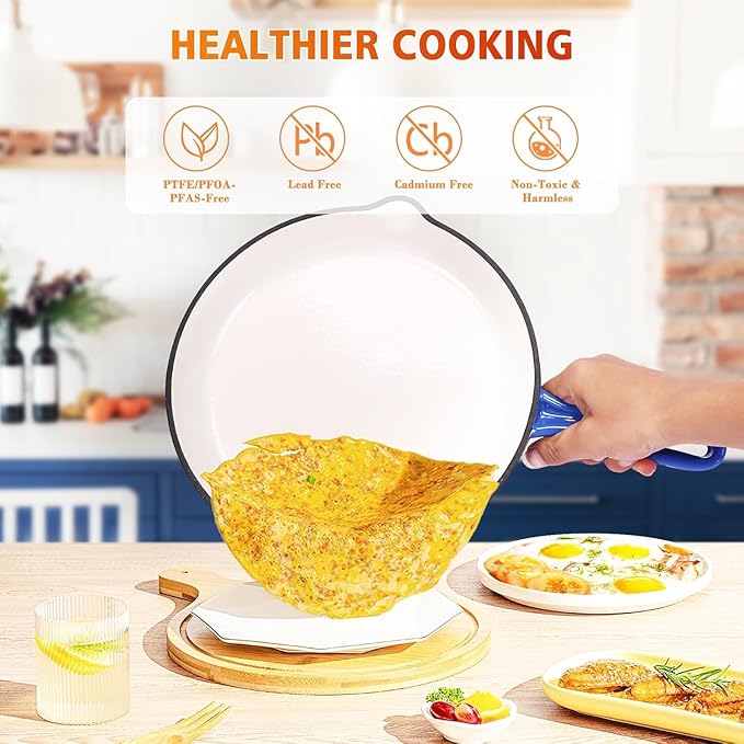 Hisencn Enameled Cast Iron Cookware Set - 7 Piece Dutch Ovens Set, Sauce Pan, Skillet, 3 Lids, Pots and Pans Set, Ceramic Coated Cast Iron, Heavy Duty, Gas/Induction Compatible, PFA Free
