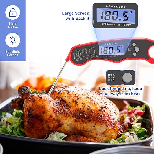 Lonicera Meat Thermometer Digital for Cooking Food. Waterproof & Instant Read for Kitchen Baking, BBQ. with Foldable Probe, Backlight & Calibration (Red)