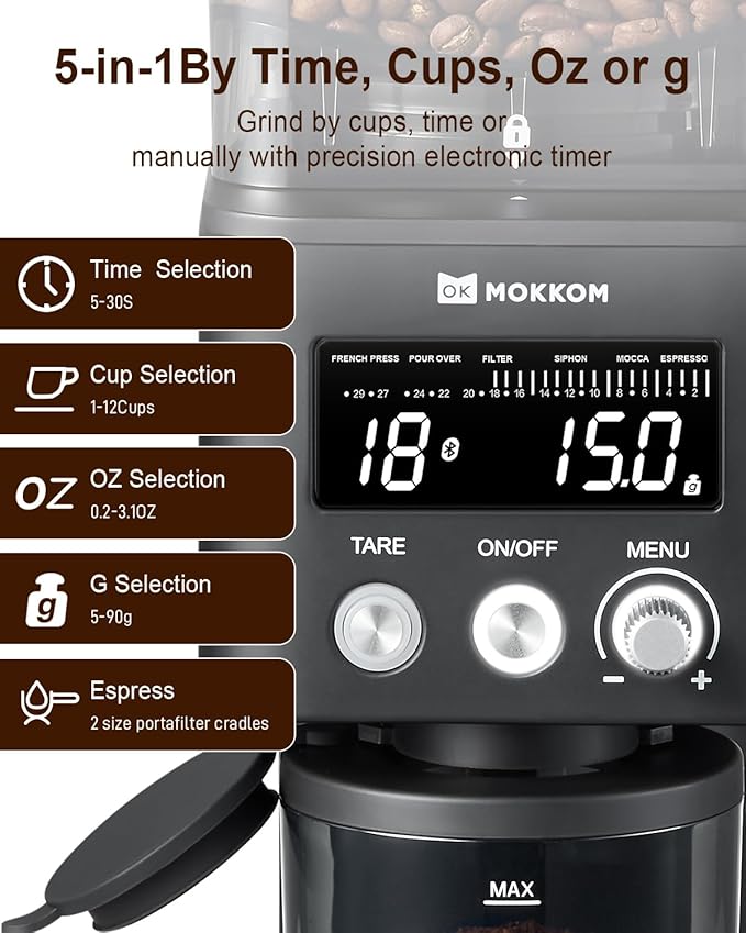MOKKOM Coffee Grinder with Removable Coffee Scale via Bluetooth Connectivity, Anti-static Conical Burr Coffee Bean Grinder, 31 Precise Settings for Espresso/Drip/Pour Over/Cold Brew/French Press