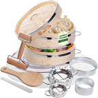 2-tier 10" Bamboo Steamer with Reinforcement & Handle, Reusable Silicone Liner & Accessories Kit For Cooking Dumpling, Baby Bao Bun, Dim Sum, Rice Potsticker Steaming Chinese Asian Food & Vegetables