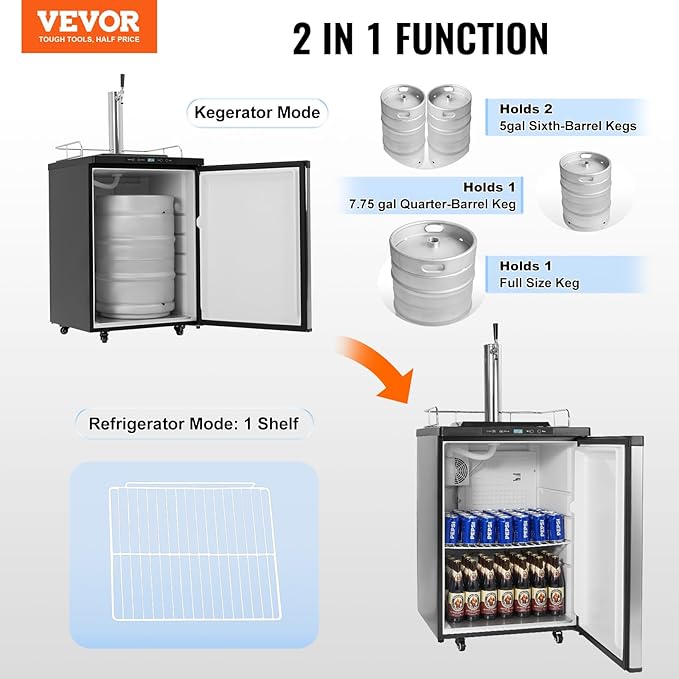 VEVOR Beer Kegerator, Single Tap Draft Beer Dispenser, Full Size Keg Refrigerator With Shelf, CO2 Tank(No Gas), Drip Tray & Rail, 23°F- 82.4°F Temperature Control, 162L, Silver