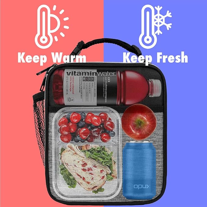 opux Premium Insulated Lunch Box, Soft School Lunch Bag for Kids Boys Girls, Leakproof Small Lunch Pail Men Women Work, Reusable Compact Cooler Tote Lunchbox for Office Adult, Heather Grey