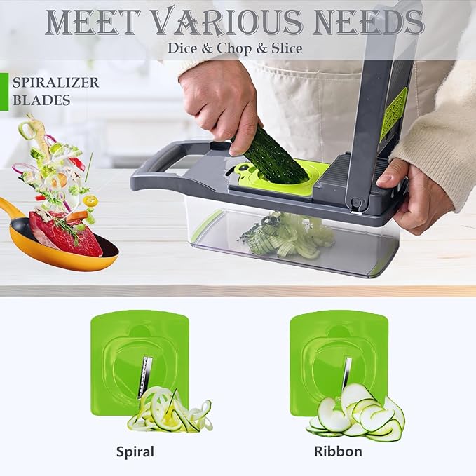 Dewpeton Pro-Series 20-in-1 Mandoline Slicer & Spiralizer, Veggie Chopper with Container, Home Essential Kitchen Gadget