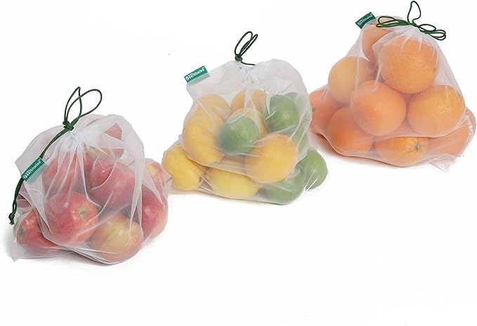 Earthwise Reusable Mesh Produce Bags - Washable Set of 9 Premium Bags, TRANSPARENT Lightweight, Strong SEE-THROUGH Mesh for shopping, transporting and storing fruits and veggies.
