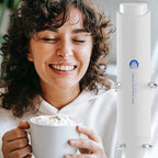 Powerful Milk Frother Handheld Foam Maker, Mini Whisk Drink Mixer for Coffee, Cappuccino, Latte, Matcha, Hot Chocolate, With Stand, White