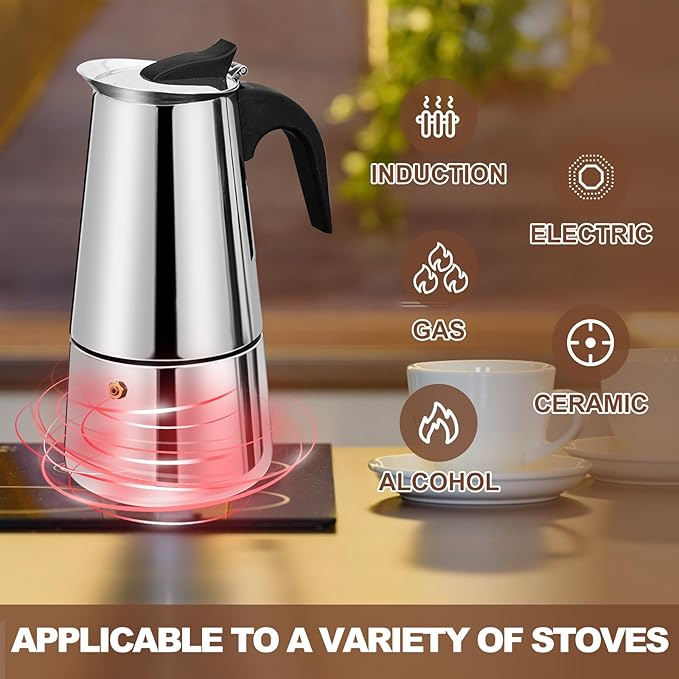 2 Cup Stovetop Espresso Maker Stainless Steel Moka Pot Stove Top Percolator Italian Coffee Makers Capable Mocha Greca Machine Cafe Classic Induction Cookers for Home and Camping 100ml 3.3oz