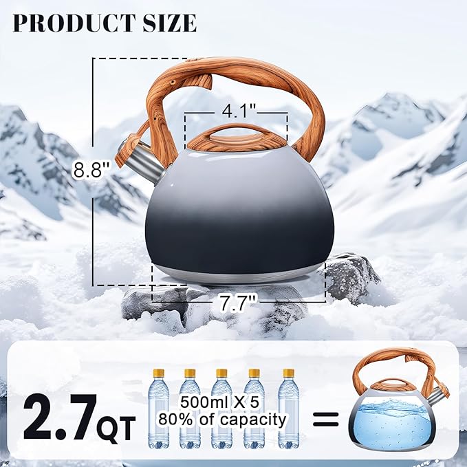 GGC Tea Kettle for Stove Top, 3.1QT/3L Whistling Tea Kettles for Boiling Water Coffee or Milk, Grey&Black Gradient kettle Pot with Wood Parttern Handle, Stainless Steel Pot for Home and Kitchen