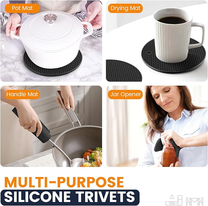 Silicone Trivet Mats 4 Heat Resistant Pot Holders Multipurpose Non-Slip Hot Pads for Kitchen Potholders, Drying mat, Jar Opener, Spoon Holder, Coaster(Black)