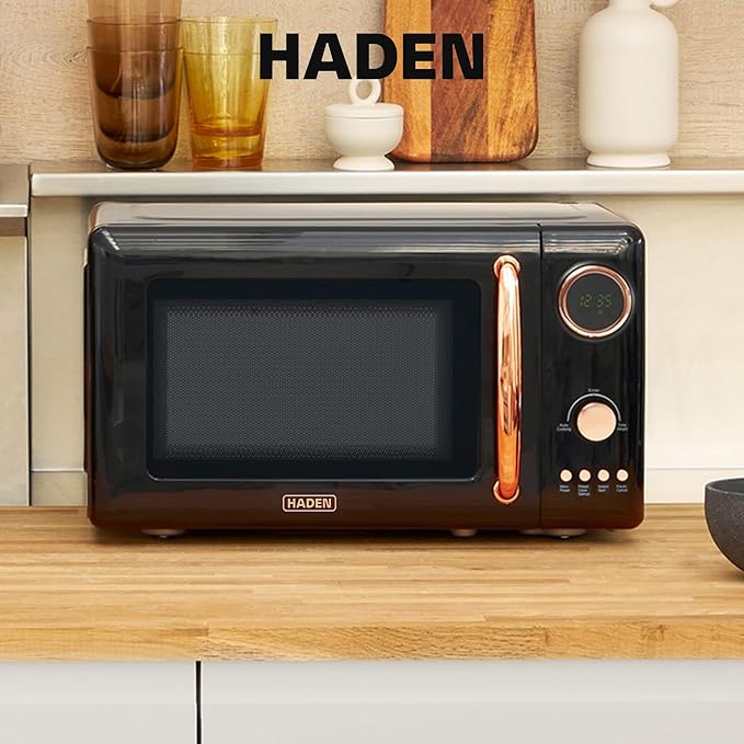 Haden 700 Watt 0.7 Cubic Foot Microwave Oven with Digital Controls, Defrost, and Instant Start Countertop Small Appliance, Black/Copper