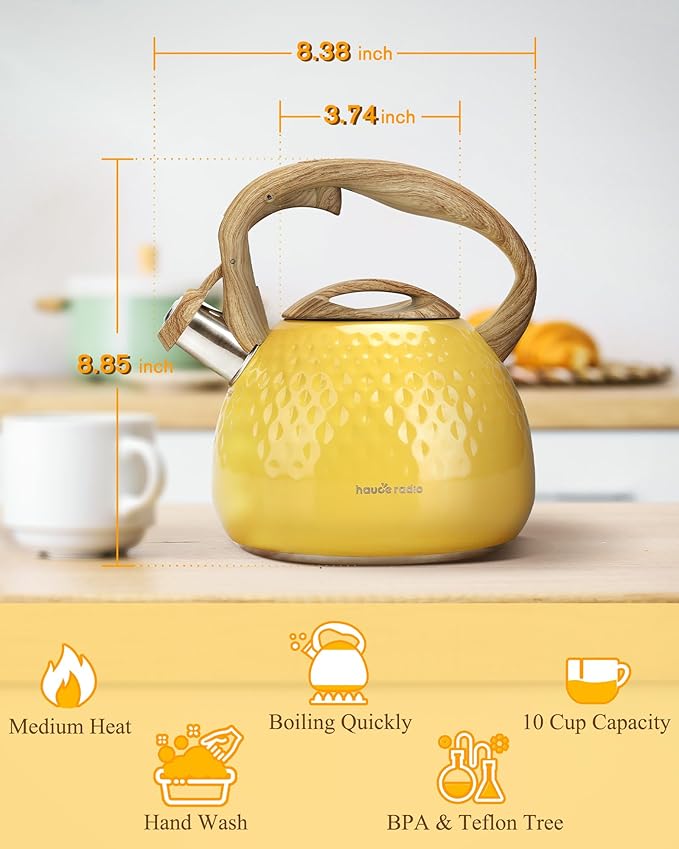 Tea Kettle, Stovetop Teapot, 2.5 Quart, Loud Whistle, Food Grade Stainless Steel and Smooth Wood Pattern Handle, Sophisticated Look for Hiking, Picnic, for Tea, Coffee, (Yellow)