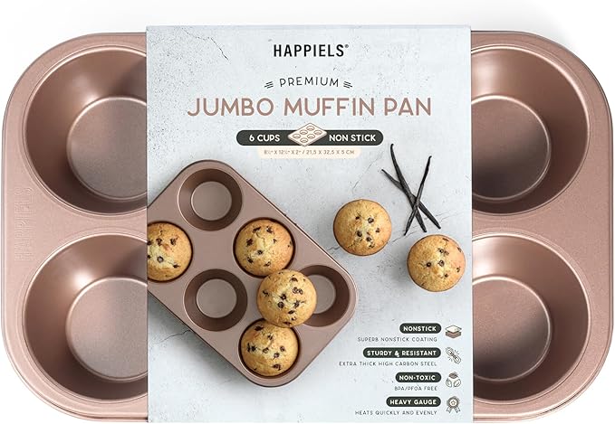 HAPPIELS Non Toxic Nonstick 6 Cup Jumbo Muffin Pan | Large Cupcake Tin for Oven | Nontoxic Muffin Tins Big Size | PFOA Free Cupcakes Tray