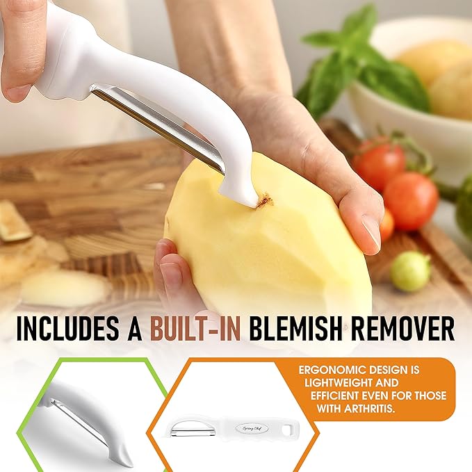 Spring Chef Premium Swivel Vegetable Peeler, Comfrotable Handle and Ultra Sharp Stainless Steel Blades - Perfect Kitchen Peeler For Veggie, Fruit, Potato, Carrot, Apple - White