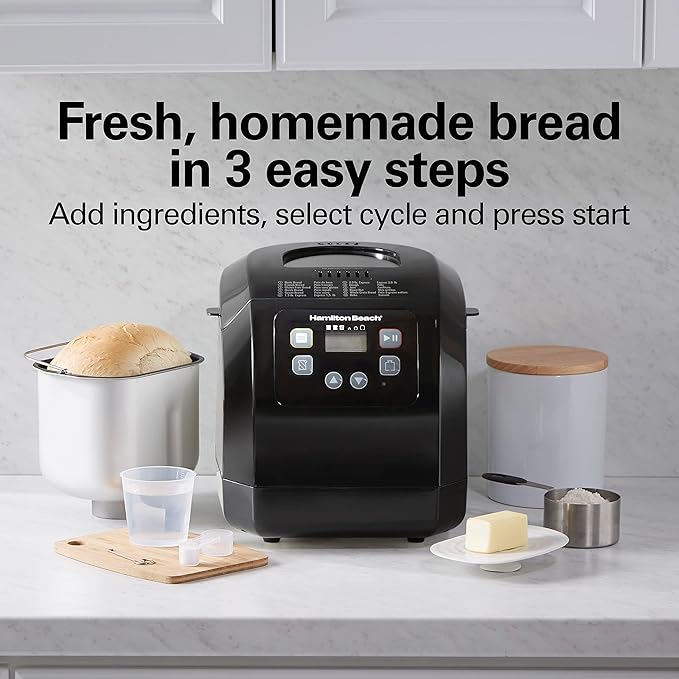 Hamilton Beach Automatic Bread Maker Machine, Digital, Programmable, 12 Settings + Gluten Free, PFAS-Free Nonstick Pan + Kneading Paddle, 2 lb Capacity, Black