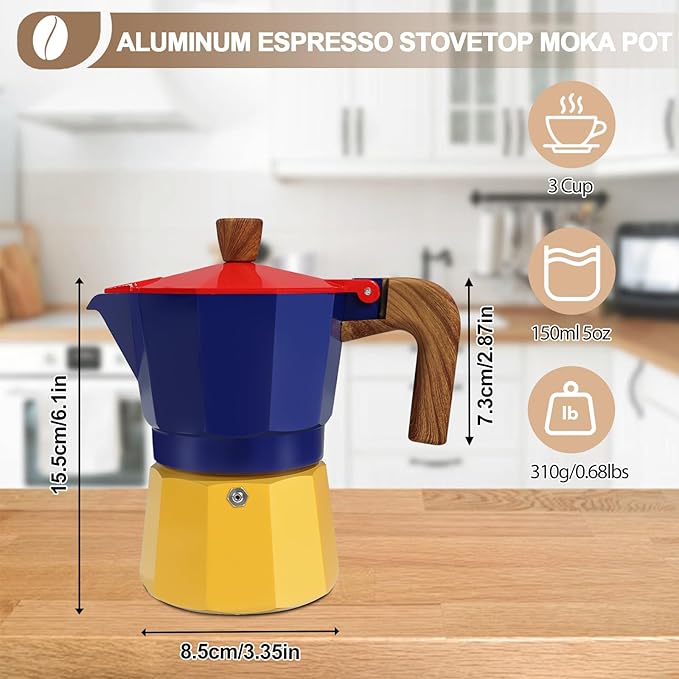 Aluminum 3 Cup 150ml Moka Pot Express Coffee Maker Stovetop Espresso Colorful Coffeemaker Italian Classic Style Brewing Greca Cafe Mocha Machine for Cafeteras Lover Camping Travel and Home Use 5oz