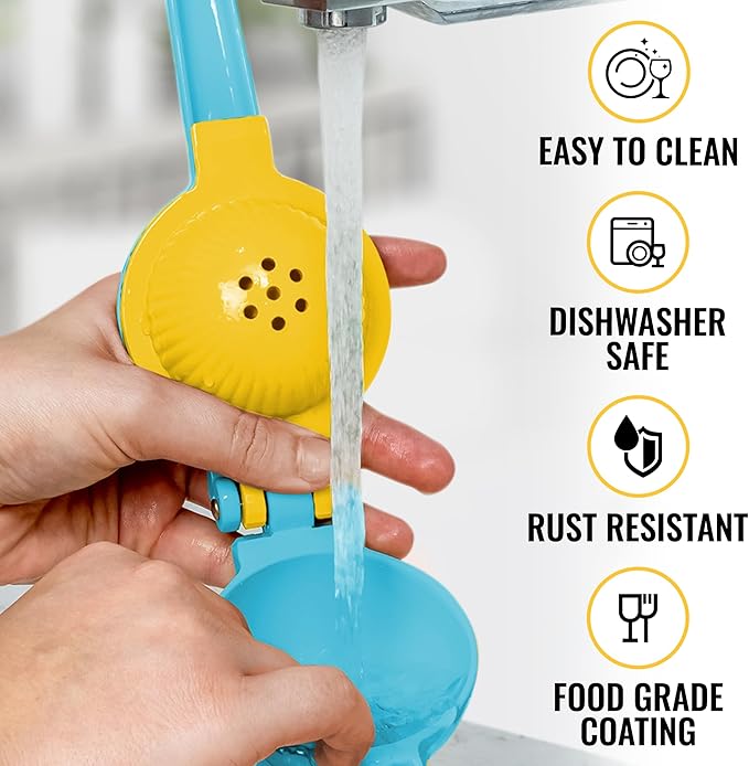Zulay Metal 2-In-1 Lemon Squeezer Manual - Sturdy, Max Extraction Hand Juicer Lemon Squeezer Gets Every Last Drop - Easy to Clean Manual Citrus Juicer - Easy-to-Use Lemon Juicer Squeezer - Blue/Yellow
