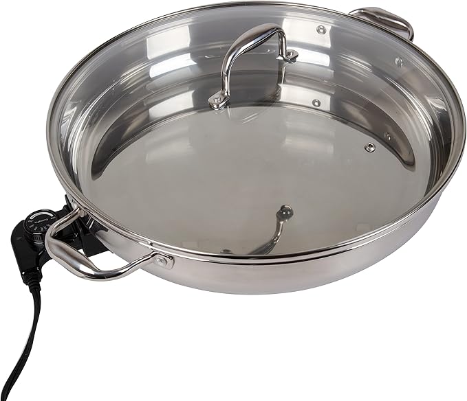 XL Electric 16" Skillet By CucinaPro- 18/10 Stainless Steel Frying Pan with Tempered Glass Lid and Handle, Round with Adjustable Temperature Control Probe, Portable, Includes Recipe Guide, Great Gift
