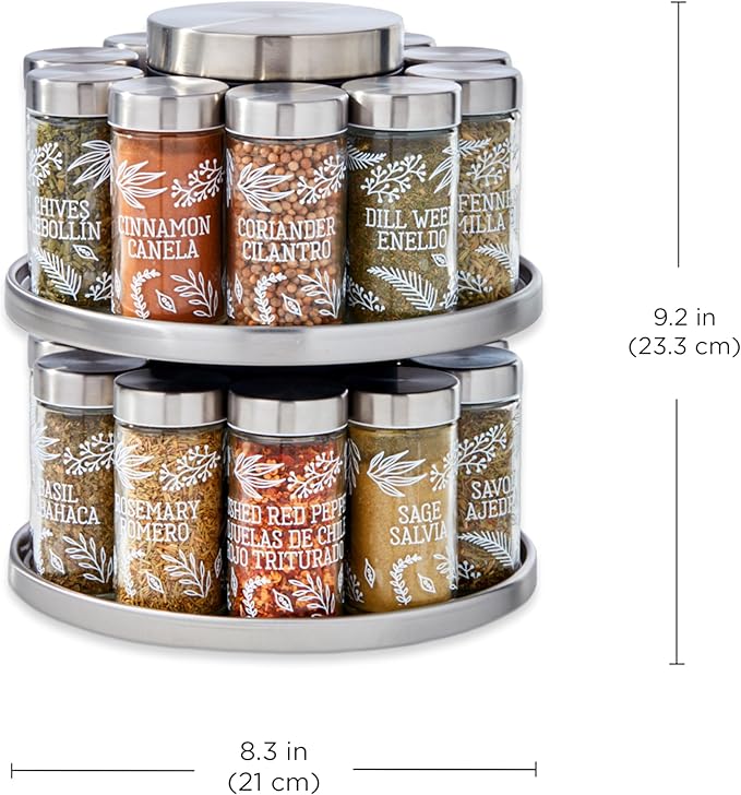 Kamenstein 20 Jar Revolving Spice Rack with Integrated Tool Caddy, Brushed Stainless Steel with Stainless Steel Caps