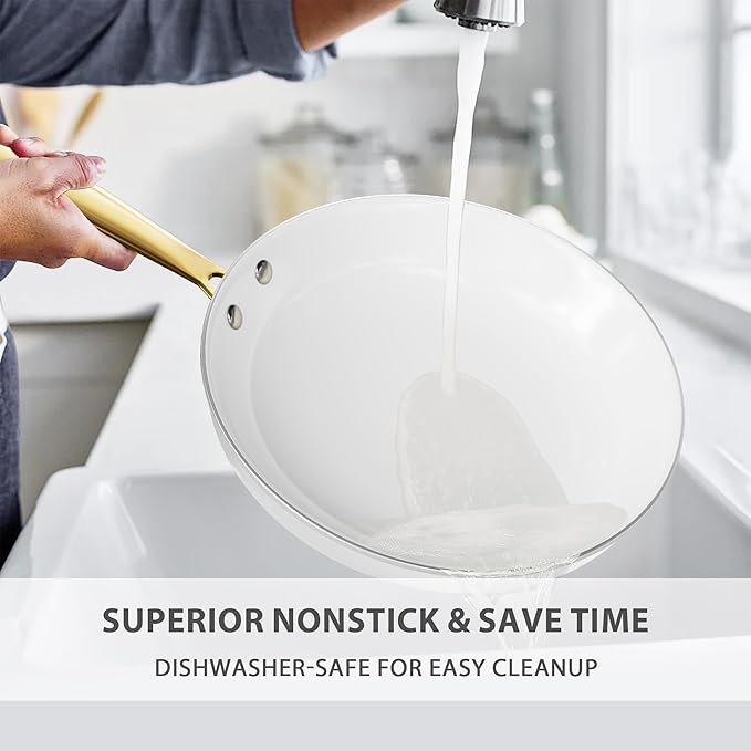 Ceramic Cookware Set, VONIKI 16 Pcs Pots and Pans Set Non Stick, Kitchen Cookware Sets with Cooking Utensils Set, Non Toxic Cookware Set White Gold Pan Set for Cooking Pot Oven & Dishwasher Safe, Gift