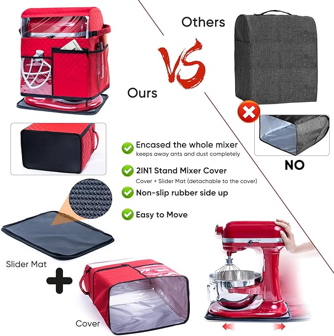BAGSPRITE Stand Mixer Cover with Detachable Appliance Sliders Base Compatible with KitchenAid Mixer-Storage Bag for 6/7/8 Quart with Pockets for Kitchen Aid Accessories and Attachments