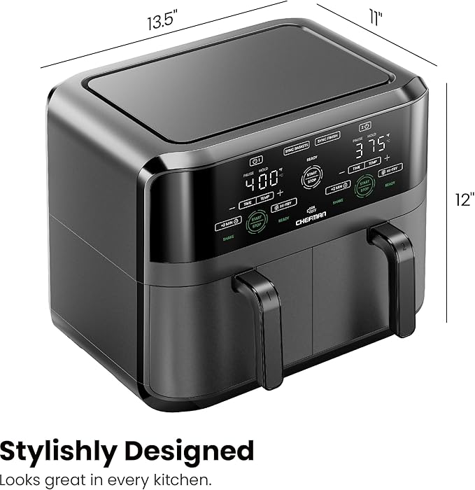 Chefman 6 Quart Dual Basket Air Fryer - Digital Touchscreen, Smart Sync Finish, Hi-Fry, Auto Shutoff, 2 Independent 3QT Nonstick Dishwasher-Safe Frying Baskets - Digital Double Air Fryer - Black