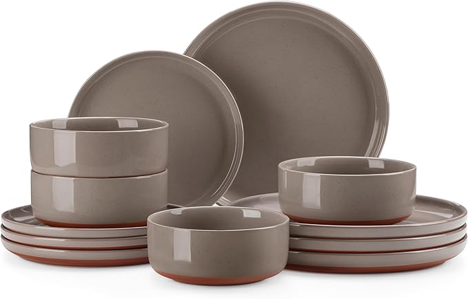 MALACASA Plates and Bowls Sets, 12 Pieces Modern Stoneware Dinnerware Set for 4 Kitchen Dinner Set Ceramic Dishware Dishes Set Microwave and Dishwasher Safe, Brown, Series TARA