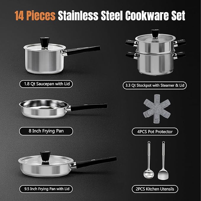 Meythway 14-Piece Stainless Steel Cookware Set for Induction Stovetops – Non-Toxic Pots & Pans with Stay-Cool Handles, Glass Lids, Steamer, Pot Mats & Utensils – Dishwasher Safe Kitchen Cookware