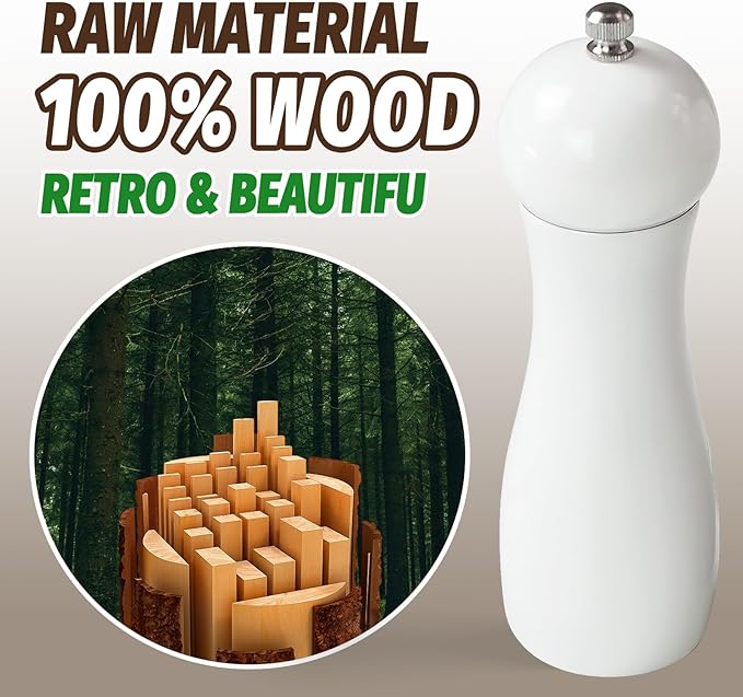 SHIKORI Manual Wooden Salt and Pepper Mills Shakers, 6.5 inch Salt and Pepper Grinders Set,Ceramic Rotor with Strong Adjustable Coarseness-White-2Pcs