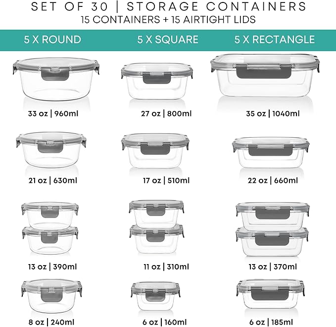 Razab 30 PC Glass Food Storage Containers with Lids - Reusable Glass Meal Prep Containers for Lunch & Leftovers - Airtight & Leakproof Snap Locking Lids - Oven, Freezer, Microwave & Dishwasher Safe