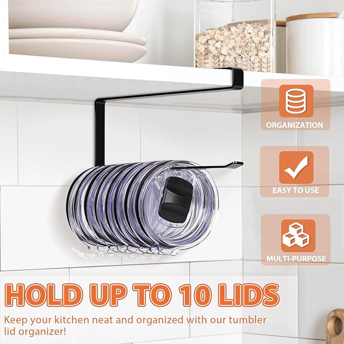 Tumbler Lid Organizer, Horizontal Tumbler Lid Storage Hook Up to 10 Lids, Space Saving Cup Lid Holders Under Cabinet Tumbler Lid Hook for Kitchen Organizer and Storage,Hanging Paper Towel Rack Hanger