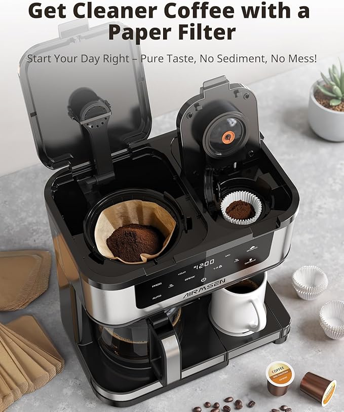AIRMSEN 12-Cup Programmable Dual Coffee Maker – Single Serve Machine for K-Cup Pods & Ground, 1000W Fast Brew, Delay Start, 2H Keep Warm, Touchscreen, 60oz Tank, Glass Carafe – Home & Office