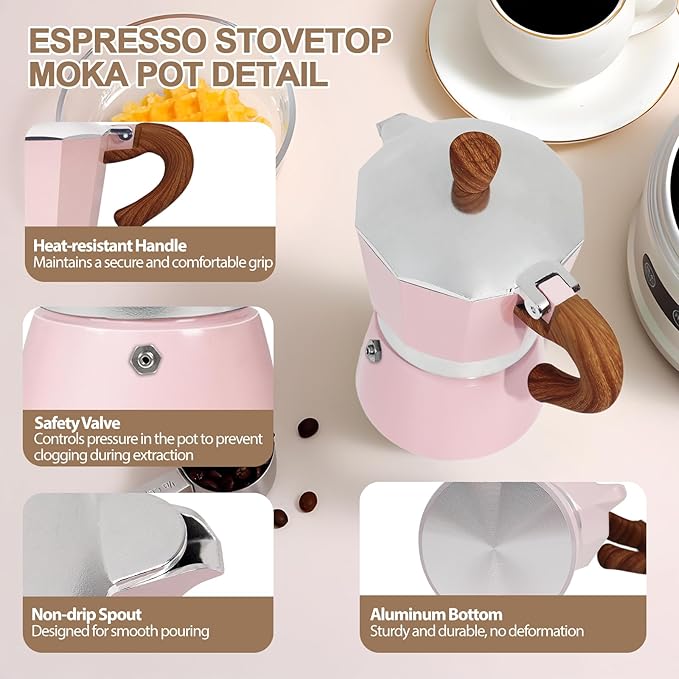Aluminum 6 Cup 300ml Moka Pot Express Coffee Maker Stovetop Espresso Colorful Coffeemaker Italian Classic Style Brewing Greca Cafe Mocha Machine for Cafeteras Lover Camping Travel and Home Use 10oz