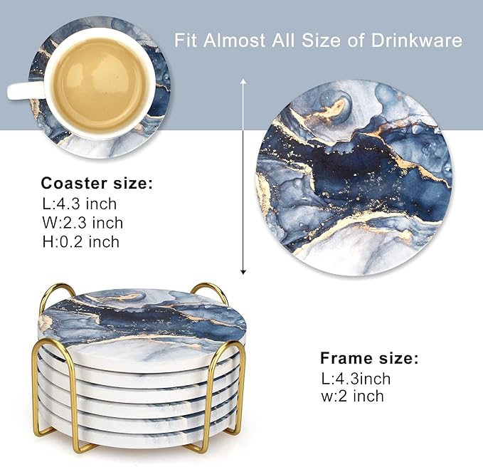 Coasters Set of 6, Navy Blue Marble Abstract Round Ceramic Coasters with Holder, Best Absorbent Drink Coaster Set, Coffee Table Decor for Home Decor House Warming Gifts New Home