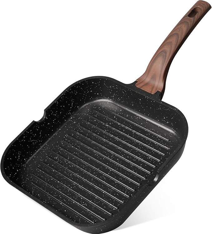 Kikcoin Nonstick Grill Pan for Indoor Cooking，9.5 Inch Versatile Griddle for Stove Tops Steak Pan with Pour Spouts