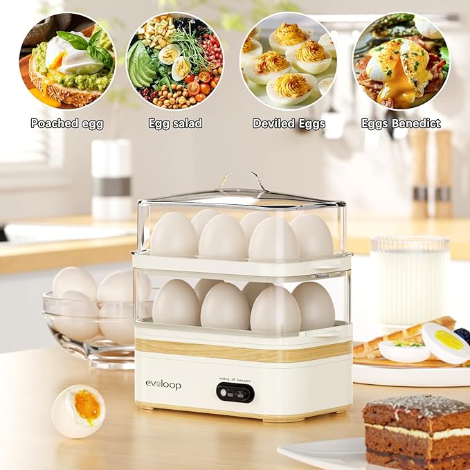 Evoloop Rapid Egg Cooker Electric 12 Eggs Capacity, Soft, Medium, Hard Boiled, Poached, Omelet Maker Egg Poacher & Vegetable Steamer, BPA Free Tray（white）