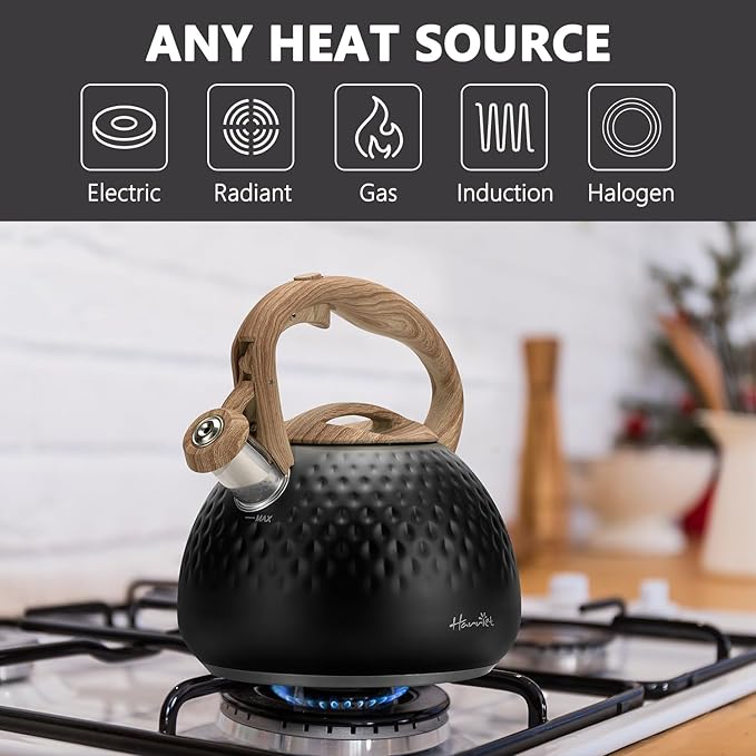 harriet Tea Kettle, Tea Pot for Stovetop, 2.5QT Whistling Kettle with 5-Layers bottom, Food Grade Stainless Steel Kettles with Hot-Resistant Handle Gas Electric Applicable, Black