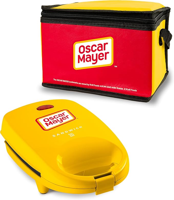 Nostalgia Oscar Mayer Sandwich Maker with Beverage Cooler Bag, 5-Inch Nonstick Cooking Surface with Indicator Lights and Lock Feature, Lunch and Beverage Tote Included, Yellow