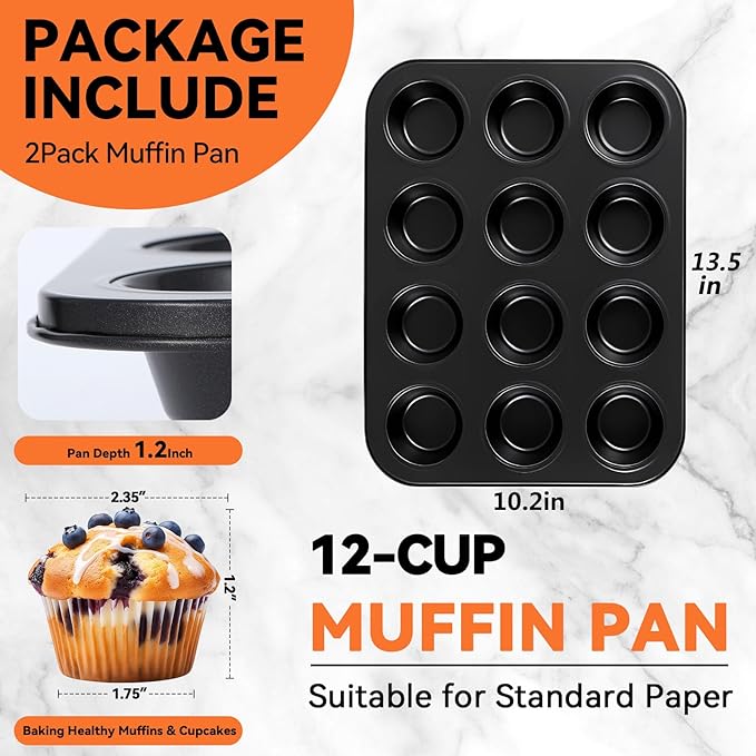 Yoehka 2 Pack Muffin Pan for Baking, Nonstick Cupcake Pan Set, Standard 12-Cups Muffin Tin for Baking Cupcakes, Carbon Steel Baking Supplies