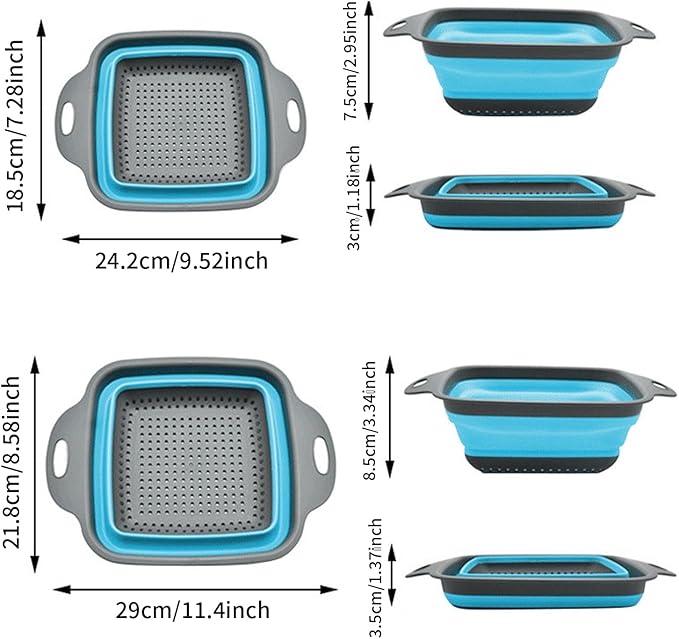 2 PCS Collapsible Colander, Collapsible Strainers for Kitchen, 11.5 inch Silicone Strainer and 9.5 inch Silicone Colander for Draining Vegetable fruit, Kitchen Food Strainer, Blue