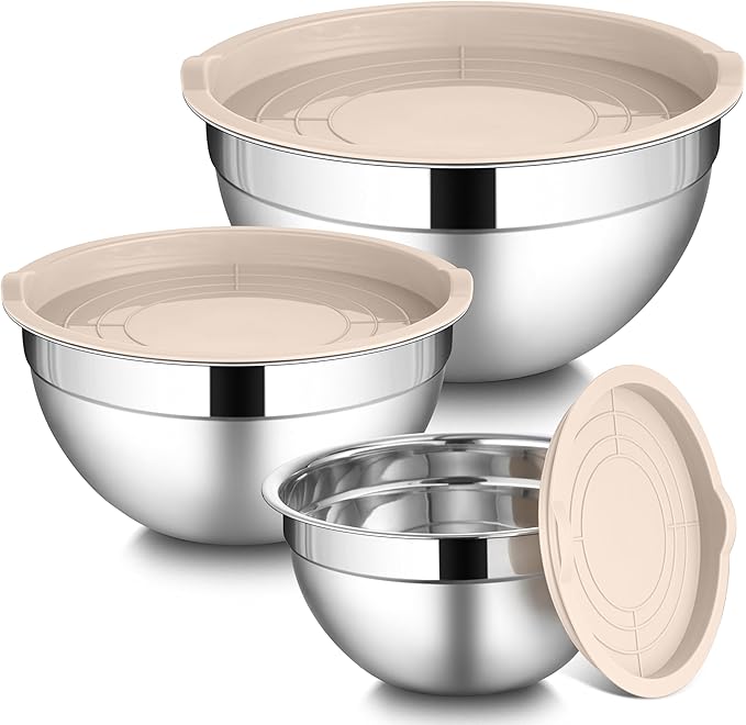 LIANYU Mixing Bowls with Airtight Lids Sets, 3 Packs Stainless Steel Metal Mixing Bowls, Ideal for Prepping, Cooking, Storage, Serving, Freezer & Dishwasher Safe, Khaki