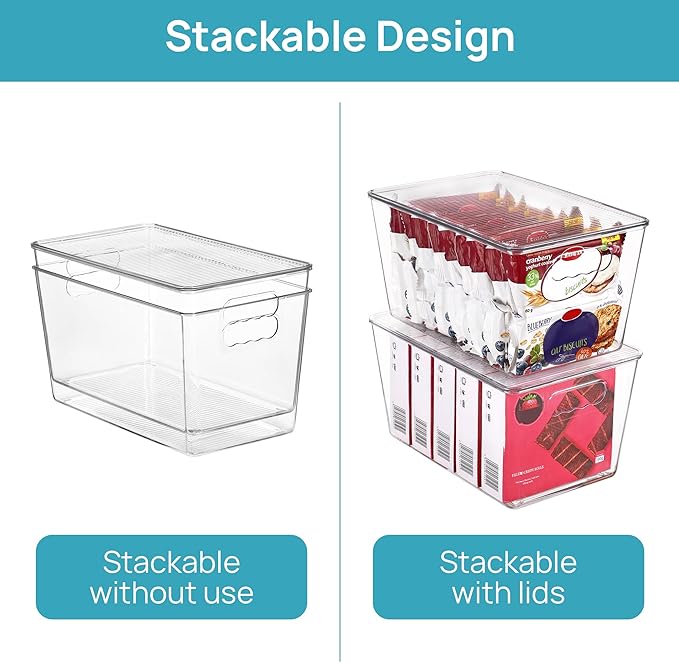 Vtopmart 4 Pack Clear Stackable Storage Bins with Lids, Large Plastic Containers with Handle for Pantry Organizer and Storage,Perfect for Kitchen,Fridge,Cabinet, Closet,Bathroom Organization