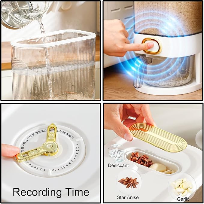 Sooyee Clear Rice Dispenser, Large Cereal Dispenser with Lid Time Scale, Measuring Cylinder Moisture Proof Airtight Food Dispenser Bucket for Rice, Corn,Coffee Bean,Grain,Soybean & Oatmeal