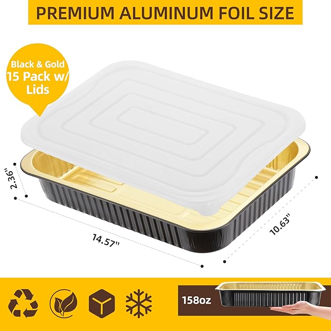 Aluminum Foil Pan with Lids,Heavy Duty Disposable Aluminum Baking Pans,14.57"×10.63" Steam Table Pan for Cooking,Heating, Storing,Prepping Roasting and Chafing(15 Pack Black and Gold w/Lids)