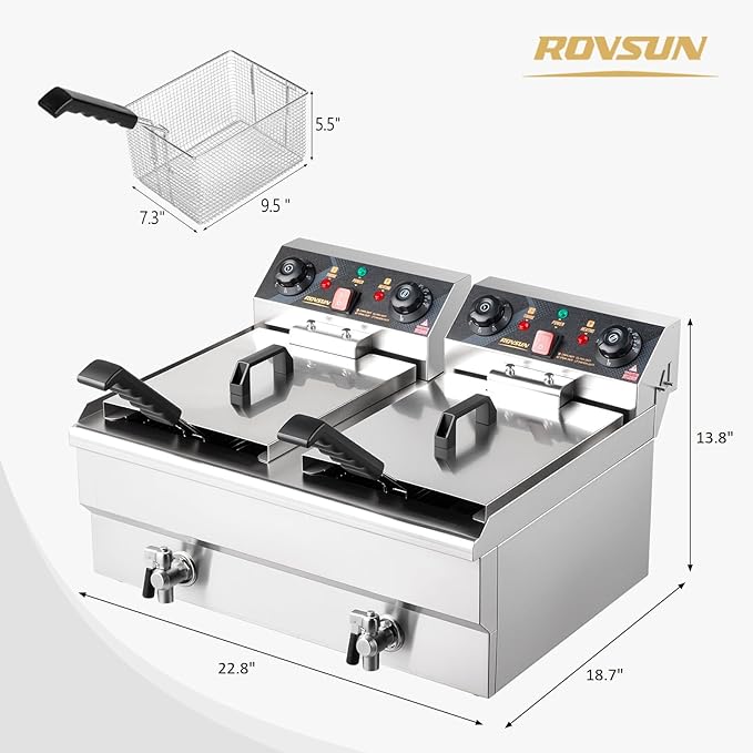 ROVSUN 24.9QT Electric Deep Fryer with Baskets, Timer Drains & Lids, 3400W Commercial Deep Fryer, Dual Tank Kitchen Countertop Frying Machine, Adjustable Temperature for Home Restaurant