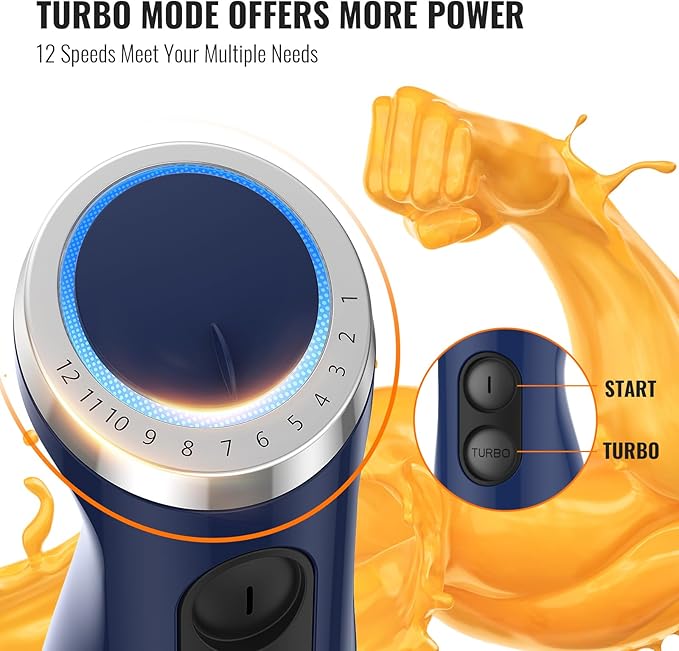 KOIOS 5-in-1 Hand Immersion Blender, 12 Speed Adjustable Emulsifier Handheld Blender, 1000W Copper Motor Stainless Steel Blade Hand Mixer with attachments, Blue