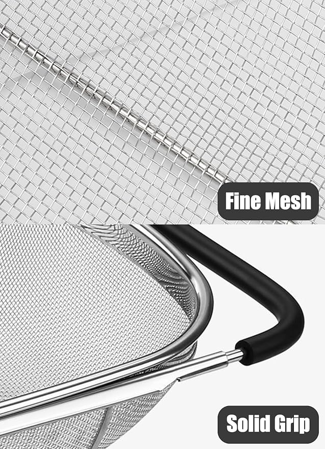 Fine Mesh Colander Over The Sink 6 Quart Stainless Steel Strainer Basket & Expandable Rubber Grip Handles - Strain, Drain, Rinse Fruits, Vegetables